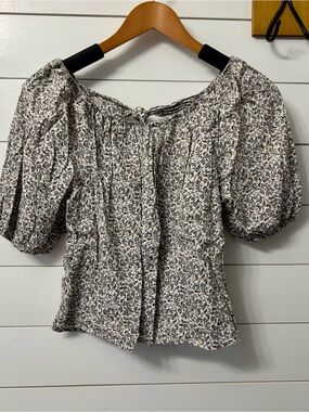 Old Navy Cream and Black Floral Puff-Sleeve Blouse